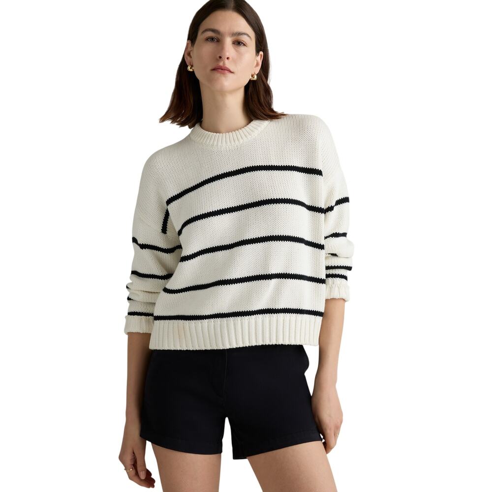 Quince 100% Organic Cotton Striped Crew Sweater in Ivory/Black, XS